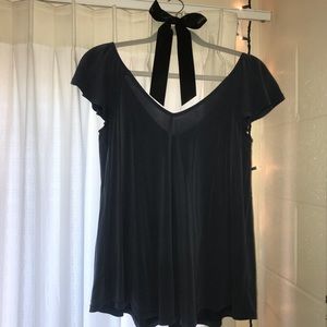 Cute navy blue ruffled sleeve blouse